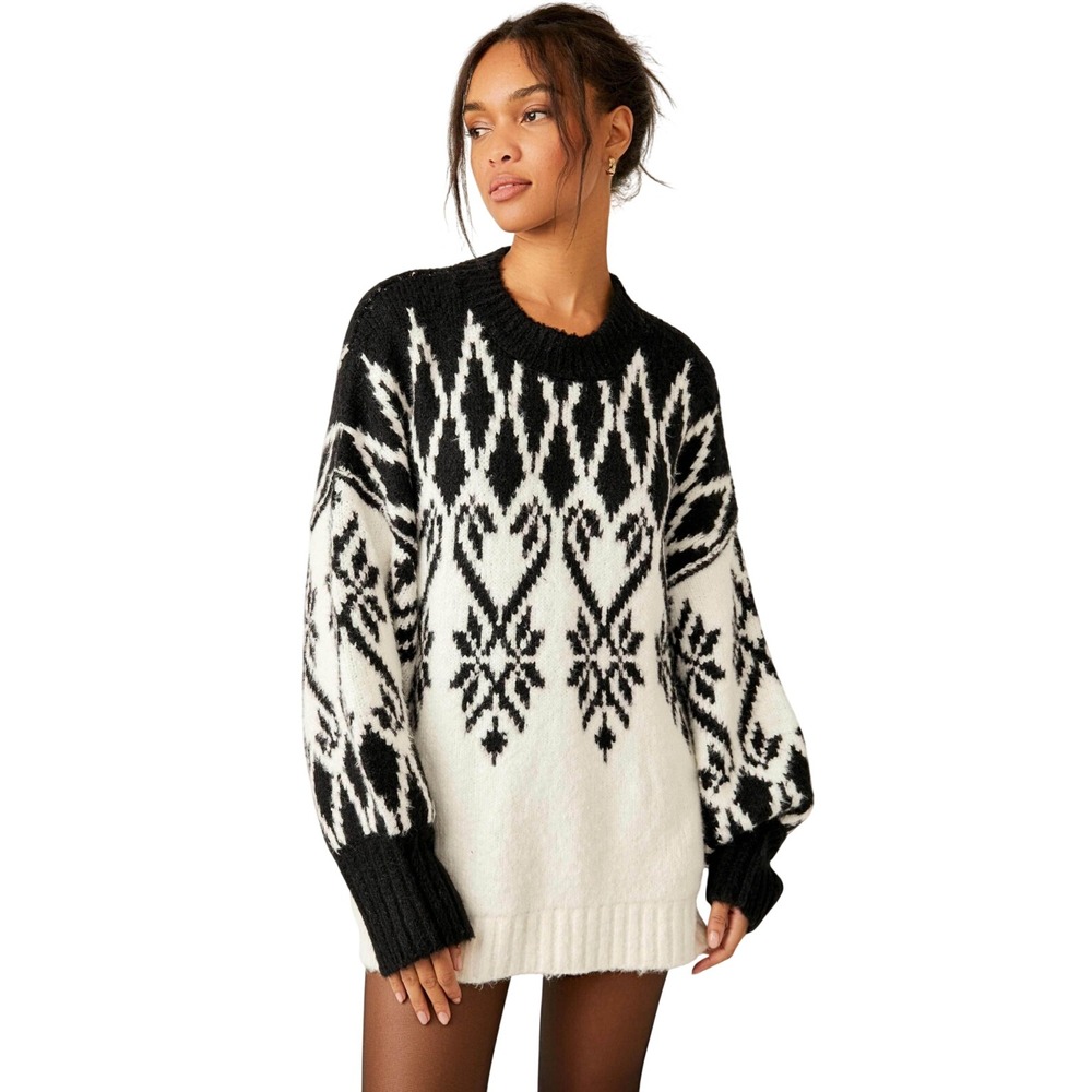 Free People Check Me Out Pullover Sweater Black White Jacquard Knit XS unisex